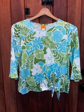 Ruby Rd Floral Tie-Front Blue & Green Women's Top